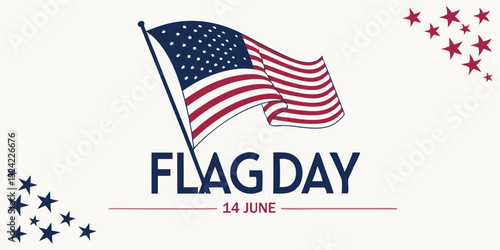 Happy Flag Day Poster with Waving American Flag on White Background – June 14 Vector Illustration