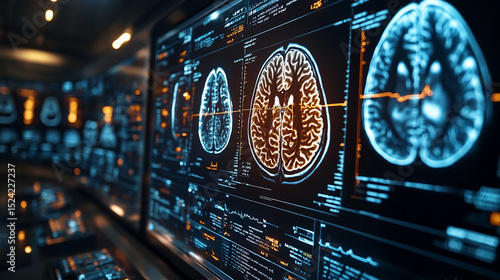 Brain scans displayed on monitors in a dark tech lab