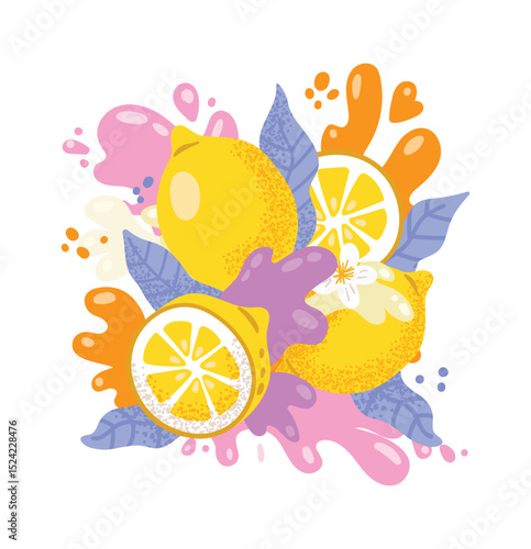 Whole and sliced lemons, leaves, and splashes of pink, orange, and purple create a refreshing and energetic composition, perfect for summery designs