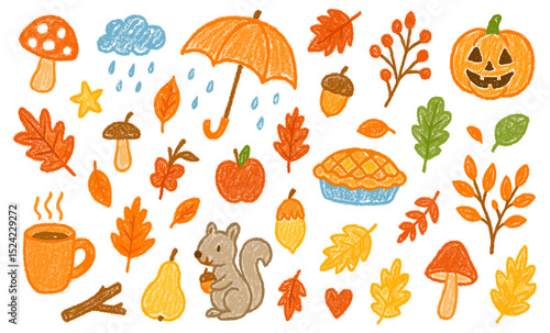 Cute fall harvest collection featuring cozy autumn elements like pumpkins leaves and woodland creatures