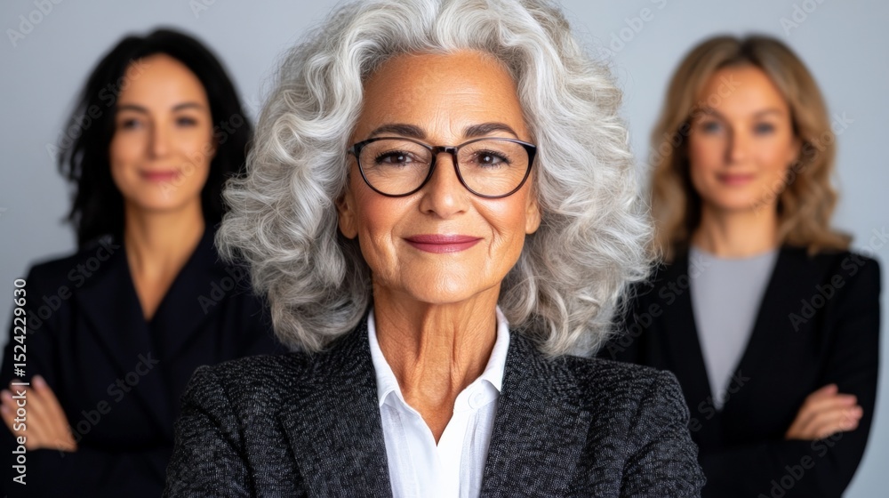 Confident senior woman with gray curly hair and glasses, smiling in a professional setting with two women in the background Confident senior woman with gray curly hair and glasses, smiling in a professional setting with two women in the background