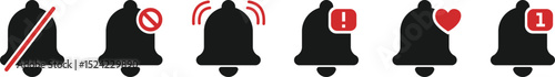 Notification Bell Icons Set – Mute, Blocked, Active, Alert, Love, New Message – Flat UI Symbols. Mute Notification, Blocked Bell, Active Notification