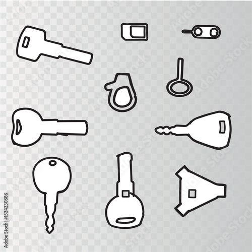 black keys of different shapes on a transparent background, vector, logo
