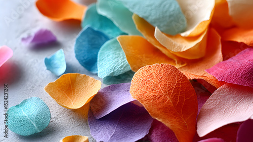 Colorful flower petals scattered on a textured surface, showcasing a vibrant array of hues and delicate textures, perfect for decorative or artistic purposes. Selective focus
