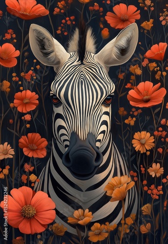 Illustration of a zebra on a floral background.
