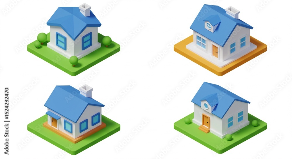 4 icon home 3D isometric on white isolated 4 icon home 3D isometric on white isolated