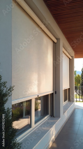 A stunning image of outside roller blinds for contemporary windows. Outside shutters on the home s windows.