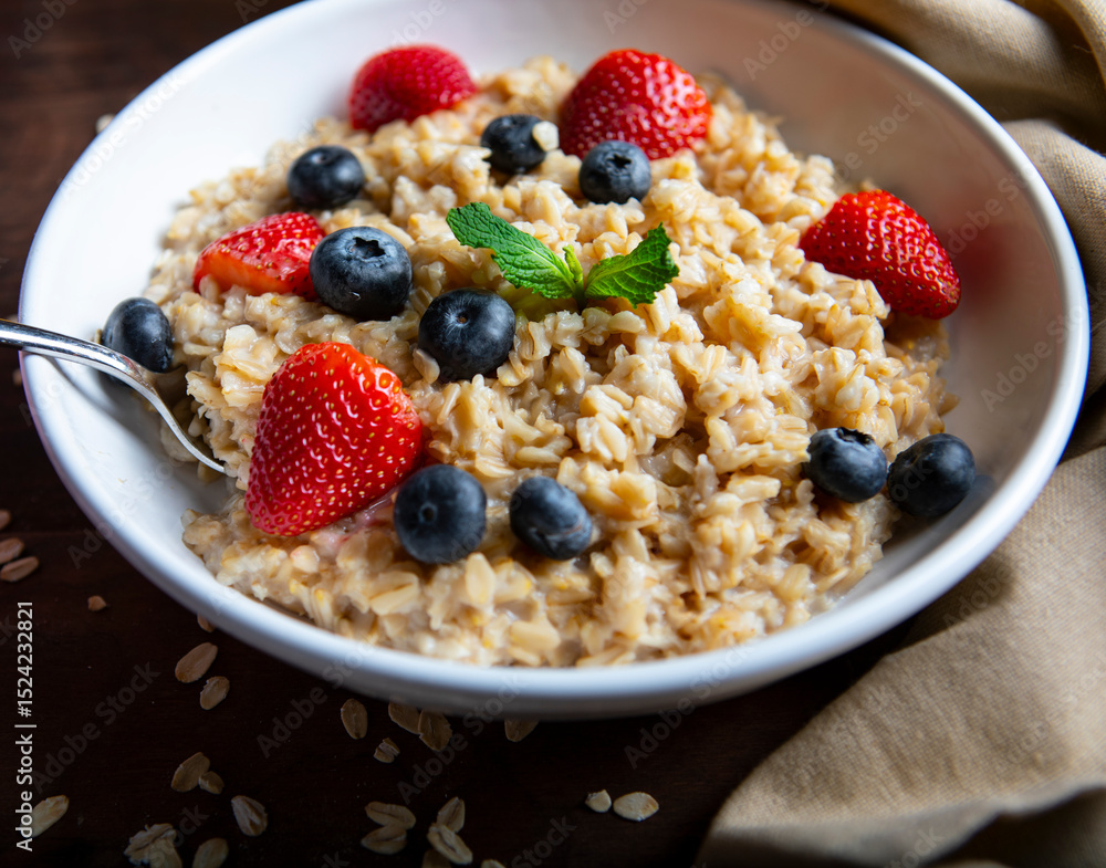 Bowl of oatmeal with blueberries and strawberries on rustic dark wood chopping board. Bowl of oatmeal with blueberries and strawberries on rustic dark wood chopping board.