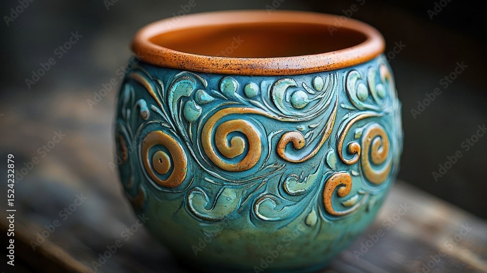 Handcrafted decorative teal pot with intricate, embossed floral and spiral designs Handcrafted decorative teal pot with intricate, embossed floral and spiral designs