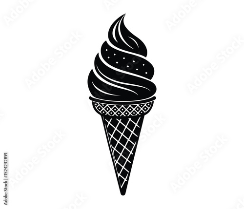 Black Ice Cream Cone Vector Silhouette on White Background,  Ice Cream Waffle Cone, Swirled Ice Cream Icon, Minimalist Ice Cream Cone Icon, Silhouette of a Swirl Ice Cream.