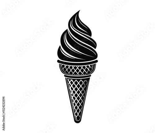 Black Ice Cream Cone Vector Silhouette on White Background,  Ice Cream Waffle Cone, Swirled Ice Cream Icon, Minimalist Ice Cream Cone Icon, Silhouette of a Swirl Ice Cream.