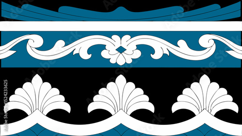 Ornate decorative borders with floral and wave patterns in blue white and black colors design elements created with generated ai