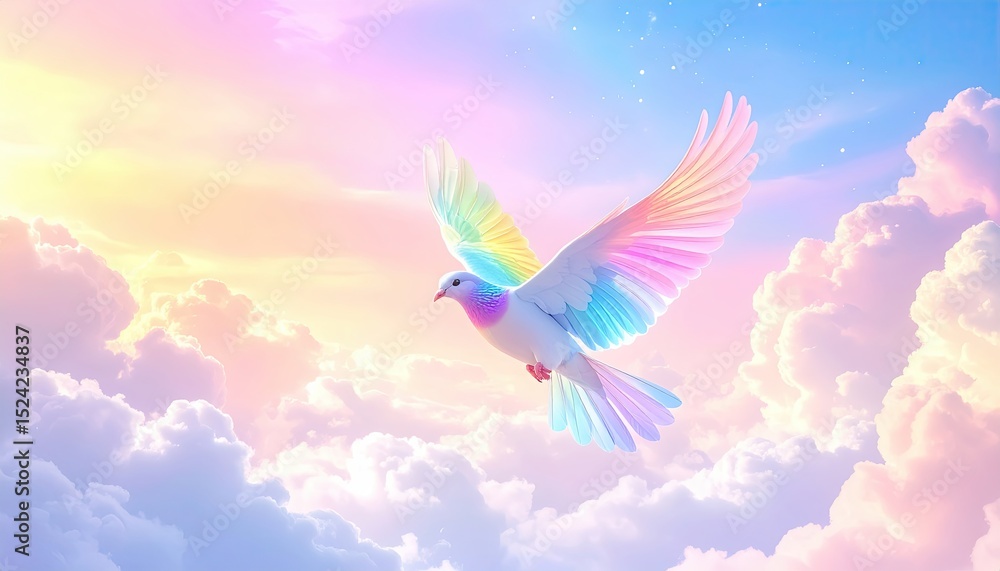 Fototapeta premium Glowing Bird with Rainbow Feathers in Fantasy Sky