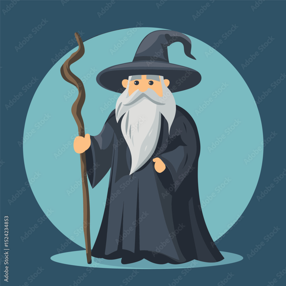 Obraz premium Enchanting Wizard with Staff: A venerable wizard, clad in flowing robes and a pointed hat, stands tall holding a magical staff. His long.