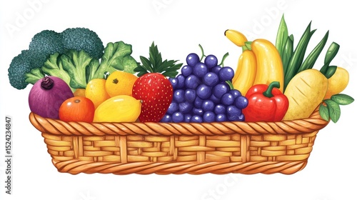 Wicker basket filled with colorful variety of fruits and vegetables, close up