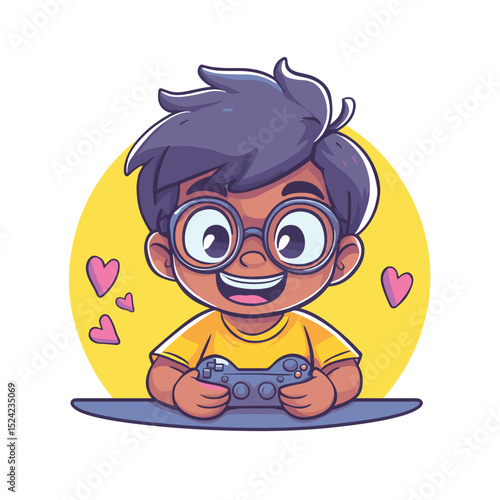 Digital Gamer: A vibrant digital illustration of a cheerful child engrossed in a game with a gaming controller, emitting waves of joyful emotion and playful spirit.