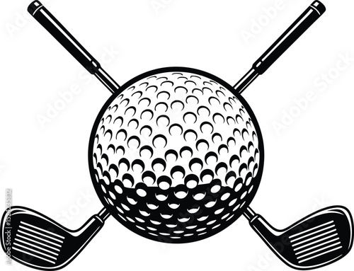 Classic black and white golf design featuring golf ball and two crossed golf clubs