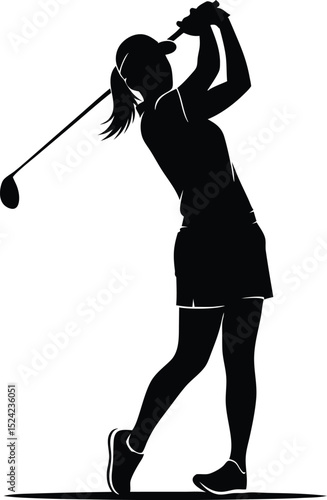 Silhouette of a female golfer swinging golf club on isolated white background