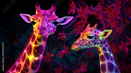 Wallpaper Mural Mother Giraffe and Her Young Calf Sharing a Fresh Green Branch Together, AI Generated image Torontodigital.ca