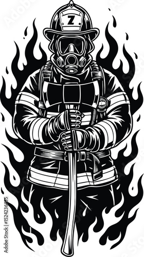 Courageous firefighter with axe and protective gear surrounded by flames depicted in silhouette