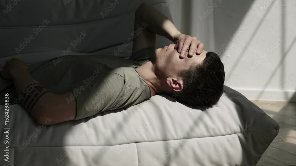 Burnout and emotional exhaustion concept. Stressed man lying alone in dark room. Burnout and emotional exhaustion concept. Stressed man lying alone in dark room.