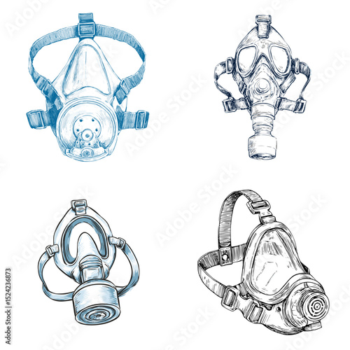 Hand-drawn gas mask illustrations in detailed sketch style, showcasing various protective respirator designs. Ideal for safety, industrial, or medical visuals.

