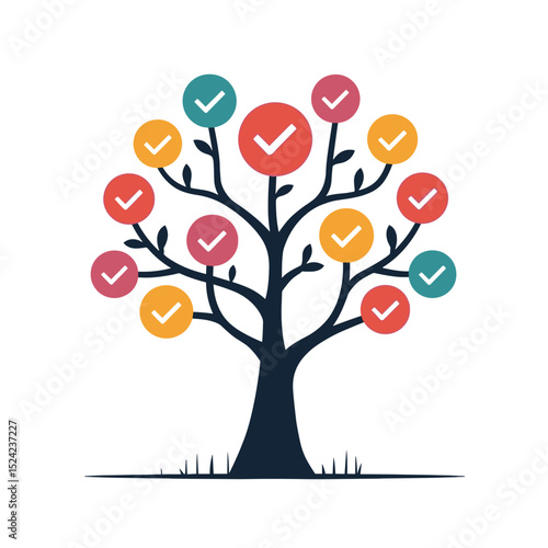 Tree with Checkmarks: A Symbol of Success, Achievement, and Positive Outcomes in a Vector Illustration