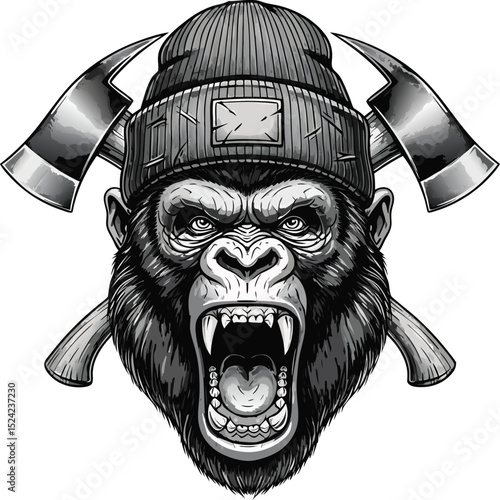 Fierce gorilla with axes and beanie hat aggressively showing its sharp teeth and fangs