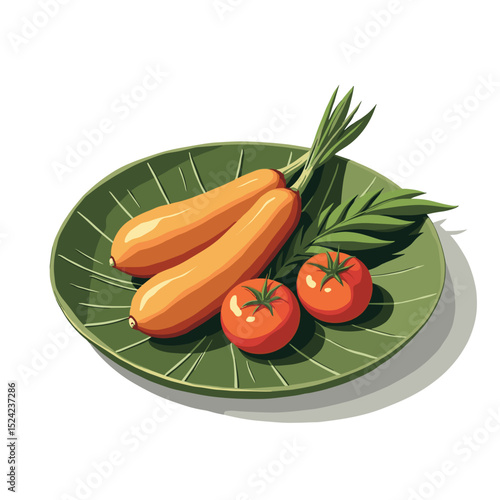 Fresh Zucchinis and Tomatoes on a Green Plate, Healthy Eating Vector Illustration