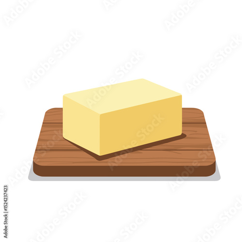 Illustration of a Block of Butter on a Wooden Cutting Board, Culinary Still Life