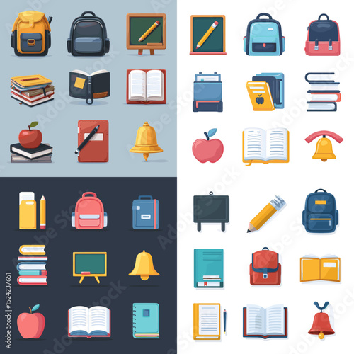 Flat vector icons of school essentials like books, backpacks, apples, bells, chalkboards, and pencils. Ideal for education apps, back-to-school promotions, and learning visuals.

