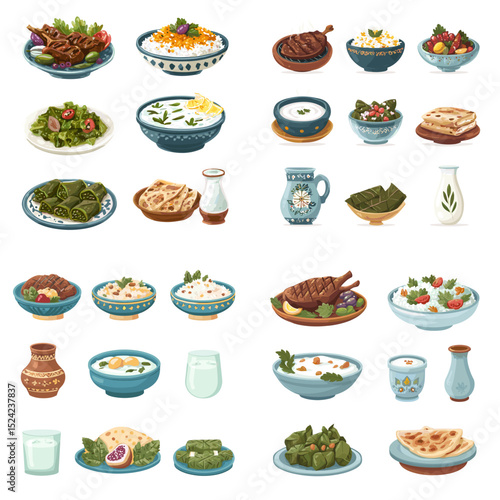 Flat illustration of traditional Middle Eastern dishes like kebab, rice, yogurt drink, flatbread, and dolma. Perfect for culinary content and ethnic food branding.

