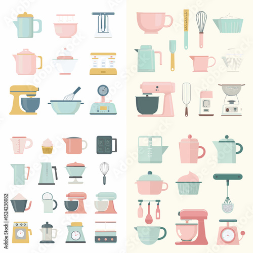 Minimalist flat illustrations of kitchen and baking tools like mixers, scales, kettles, and whisks. Ideal for cooking apps, recipes, or culinary blogs.

