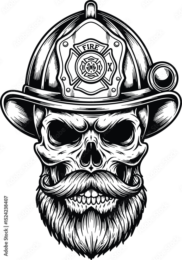 © Graphicmela - Illustration of a skull wearing firefighter helmet and stylish mustache and beard