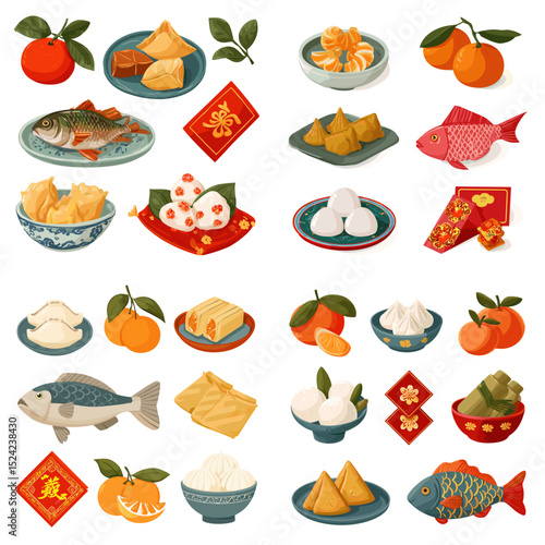 Festive Chinese New Year food and decoration vector including fish, rice dumplings, oranges, red envelopes, and traditional symbols. Great for holiday and culture themes.


