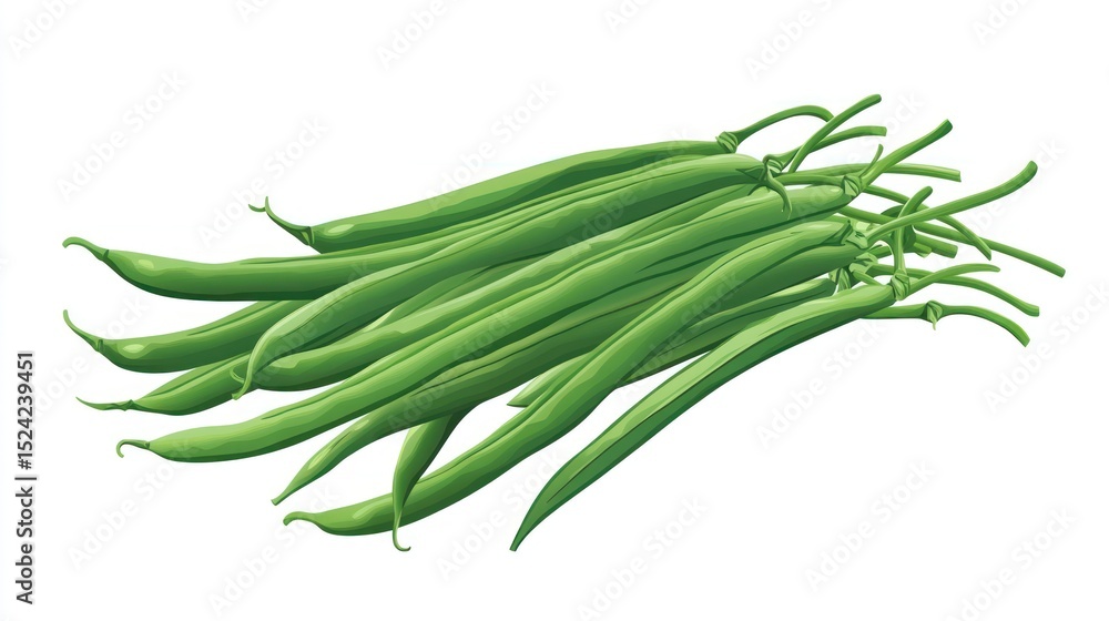 Fototapeta premium Pile of fresh, vibrant green string beans with stems on a white backdrop