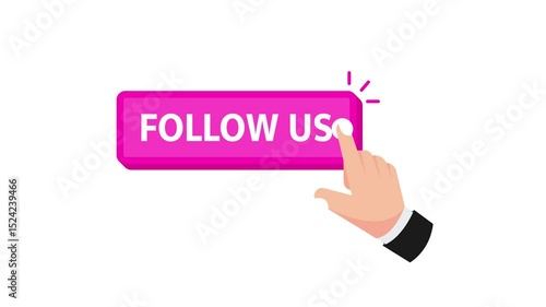 Hand clicking follow us button animation on white and green screen