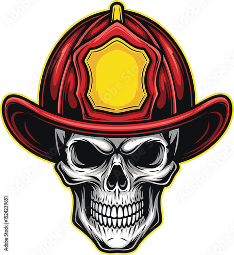 Vector illustration of a detailed skull wearing a classic red firefighter helmet design