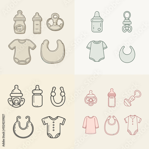 Minimalist line-style illustrations of baby items including bottles, bibs, onesies, and pacifiers. Ideal for parenting apps, baby shops, or newborn care content.


