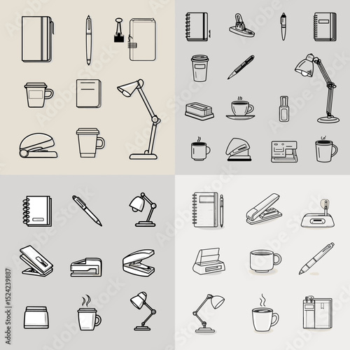 Minimalist black and white line of office supplies including pens, notebooks, mugs, lamps, and staplers. Ideal for work, business, and productivity visuals.

