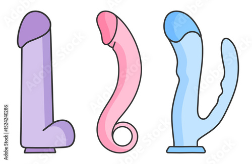 set of types vibrator penis, dildo, adult sex toy, accessories for sex games and bdsm, linear black and pink, blue, violet purple icons, doodle and sketch style, hand drawing