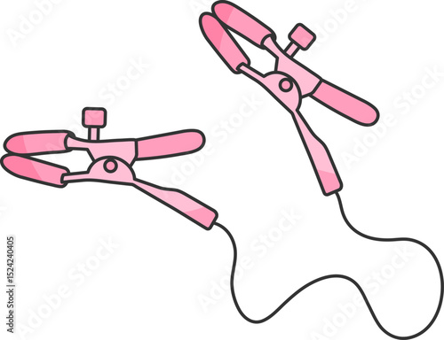 nipple clamps, adult sex toy, accessories for bdsm sex games, linear black and pink icons, doodle and sketch style, hand drawing