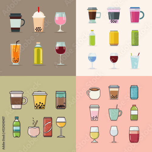 Flat-style drink icon collection with various beverages including coffee, bubble tea, juice, soda, wine, and cocktails. Suitable for food, cafe, and lifestyle content.

