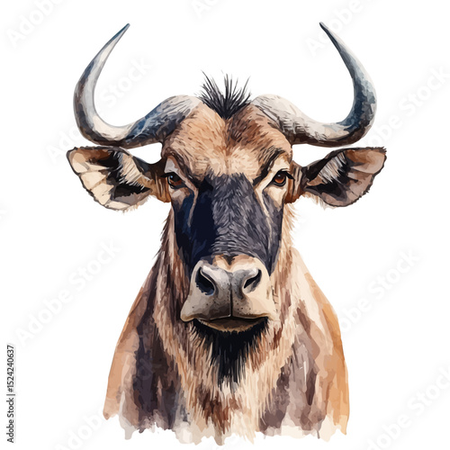 watercolor of Wildebeest Close Up, vector high quality, isolated on a white background.