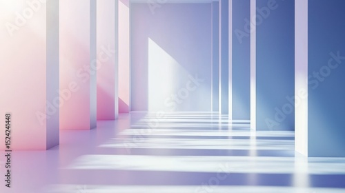 Empty  pastel-toned interior hallway with columns. Sunlight streams in  casting shadows