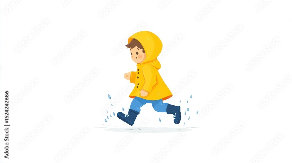 Obraz premium Child runs joyfully in rain, wearing a bright yellow raincoat and blue boots
