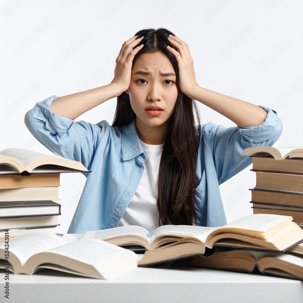Asian woman is studying with thinking gestures Asian woman is studying with thinking gestures