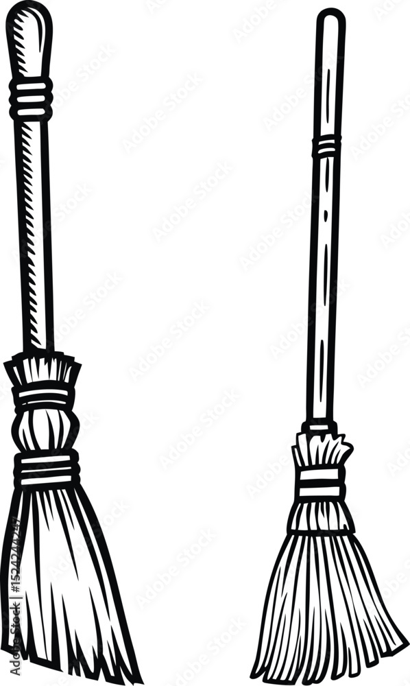 Fototapeta premium Two witch brooms hand drawn in black and white illustration