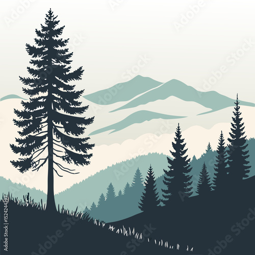 Vector landscape of a forest with layered mountains, pine trees & svg 