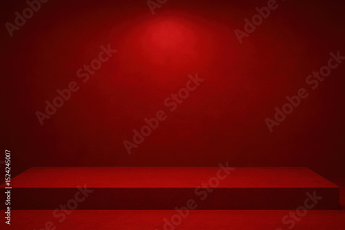 Minimalist red room features simple rectangular platform against smooth, vibrant red wall, creating bold and striking visual effect. lighting highlights texture and depth of space